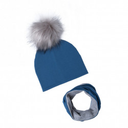 CZAPKA Z KOMINEM ZIMOWA KOBALT Z POMPONEM