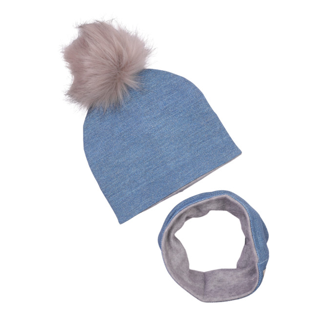 KOMPLET ZIMOWY JEANS Z POMPONEM